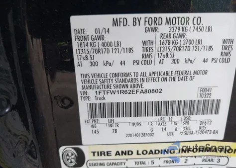 2014 Ford F-150 Svt Raptor z USA, uszkodzony, nr VIN 1FTFW1R62EFA80802